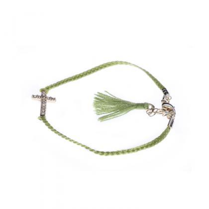 String Bracelet / Green Tassel / Cross Bracelet /..