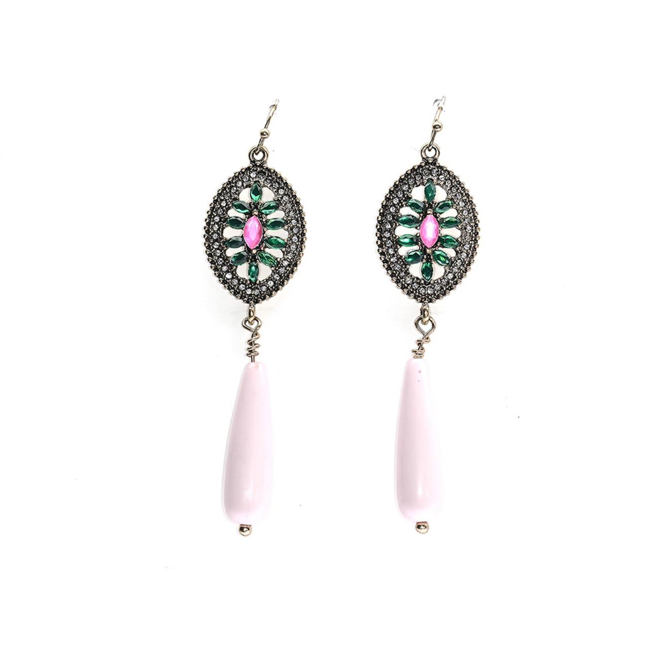Vintage Earrings / Pink Earrings / Drop Earrings / Dangle Earrings / Princess Jewelry / Teardrop Earrings / Stained Glass Earrings / Green