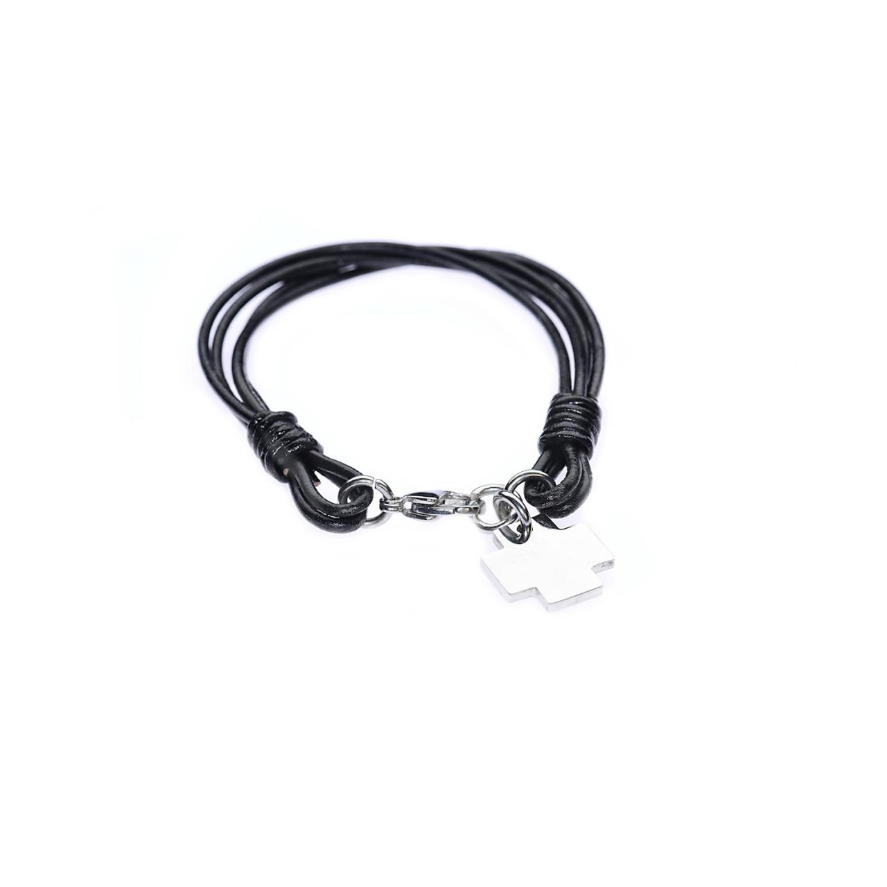 Leather Bracelet / Black Bracelet / Rope Bracelet / Cross Charm / Edgy Bracelet / Goth Bracelet / Goth Jewelry / Simple Bracelet / Silver