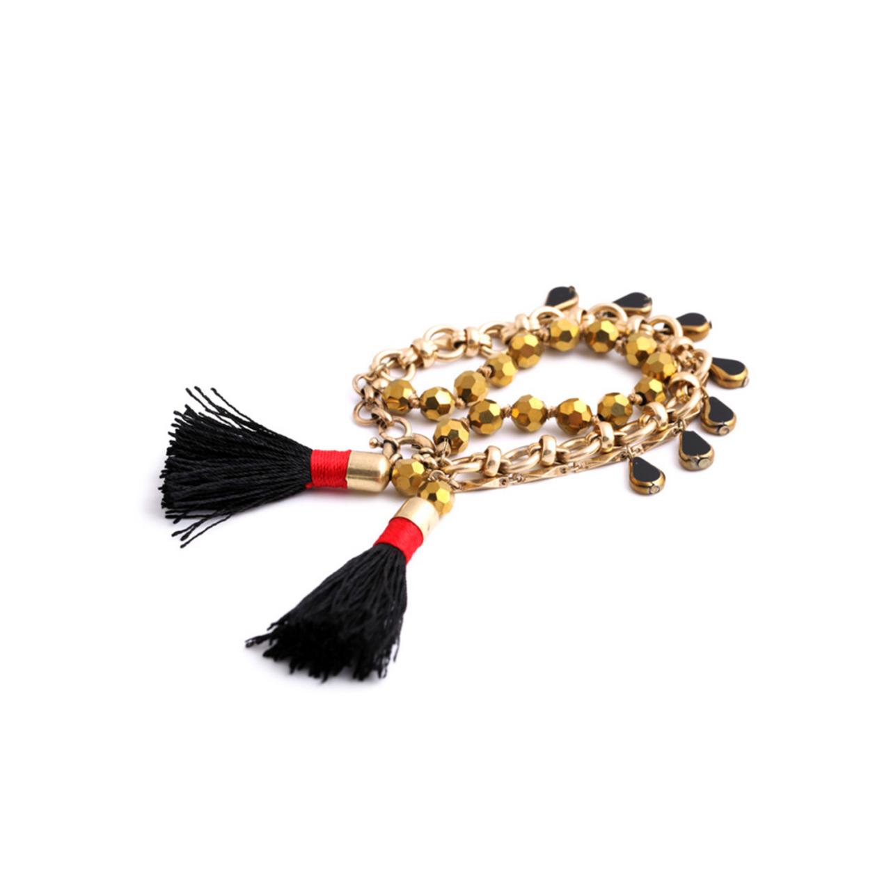 Tassel Bracelet / Chain Bracelet / Bead Bracelet / Gold Jewelry / Layered Bracelet / Black Tassel / Tribal Bracelet / Boho Jewelry / Gold