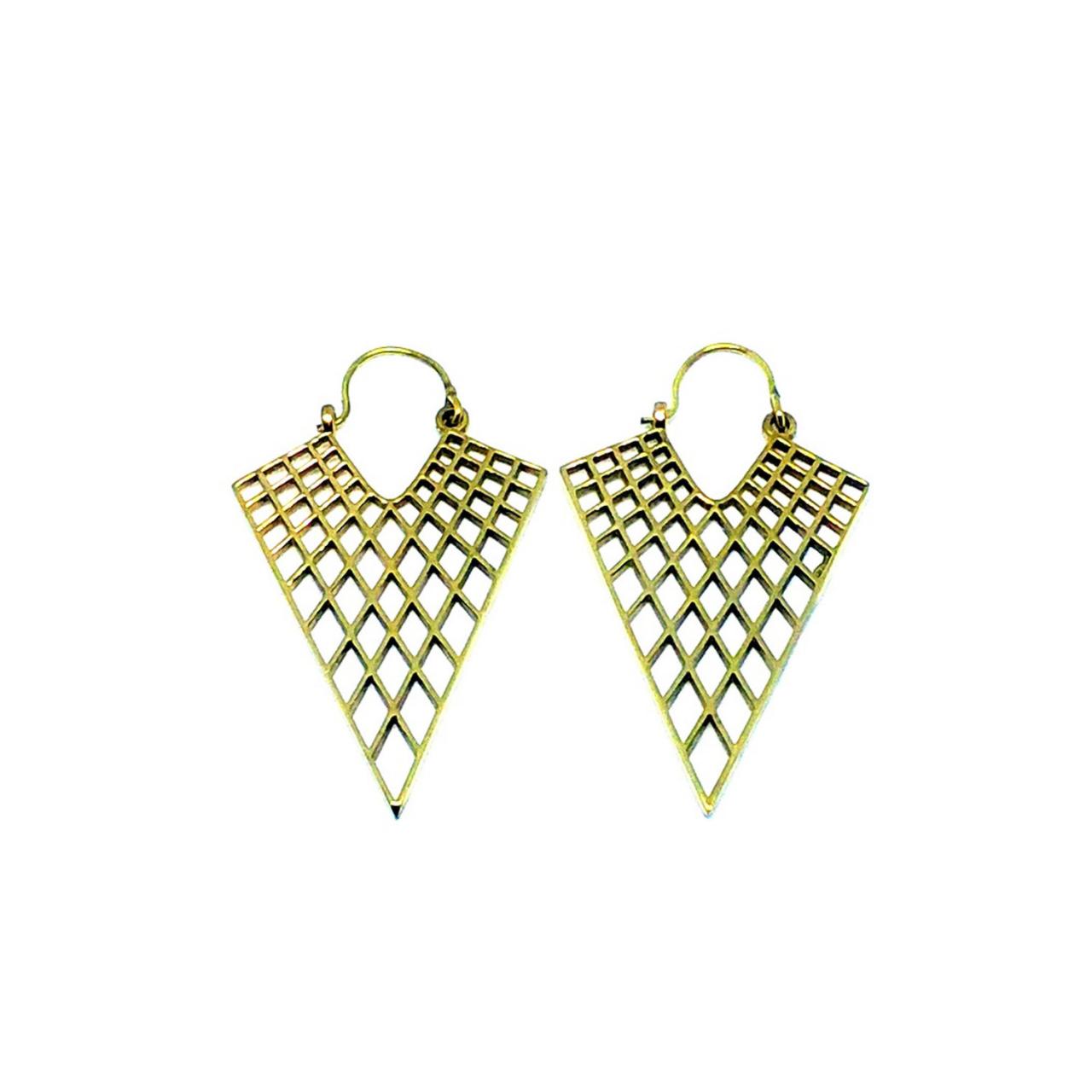 Honeycomb Triangle Earrings / Gold Dangle Earrings / Geometric Filigree Earrings / Boho Festival Jewelry / Hammered Handmade Brass Earrings