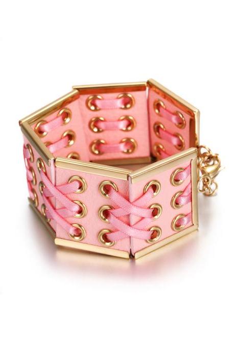 Women&amp;amp;#039;s Pink Braided Leather Ballerina Bracelet, Gold Plated
