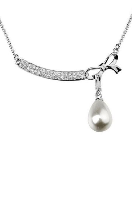 Silver Bow Necklace / Silver Necklace / Pearl Necklace / Zircon Necklace / Classy Necklace / Classy Jewelry / Jewelry Gift / Bow Charm
