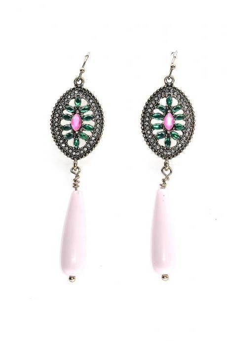 Vintage Earrings / Pink Earrings / Drop Earrings / Dangle Earrings / Princess Jewelry / Teardrop Earrings / Stained Glass Earrings / Green