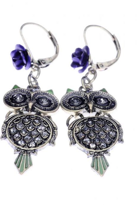 Owl Earrings / Drop Earrings / Owl Jewelry / Quirky Earrings / Rose Earrings / Vintage Earrings / Fun Earrings / Animal Earrings / Gold