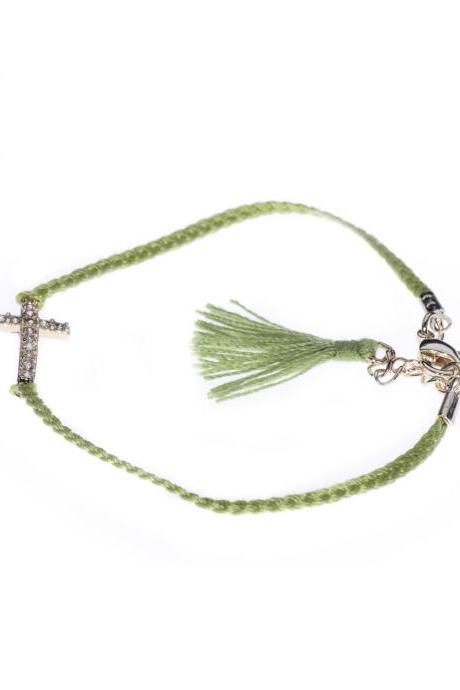 String Bracelet / Green Tassel / Cross Bracelet / Small Tassels / Tassel Bracelet / Braided Bracelet / Delicate Bracelet / Cross Pendant