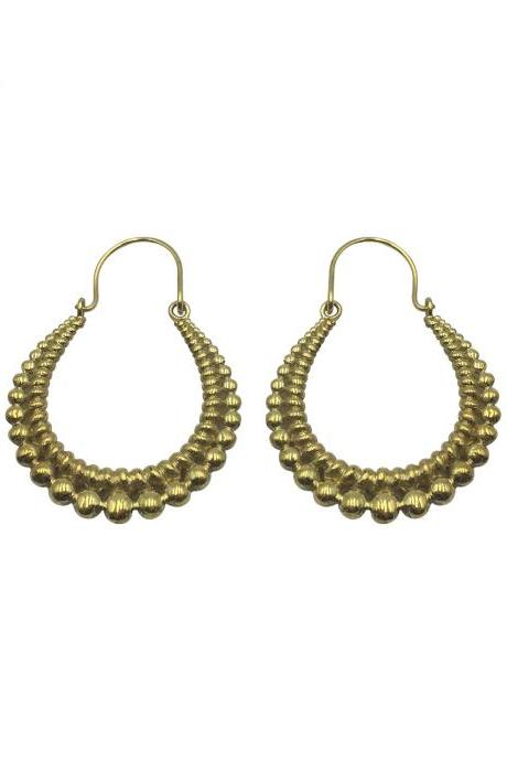 Unique Gold Tribal Hoop Earrings / Handmade Hammered Brass Jewelry / Indian Hoop Earrings / Festival Gypsy Jewelry / Boho Dangle Earrings