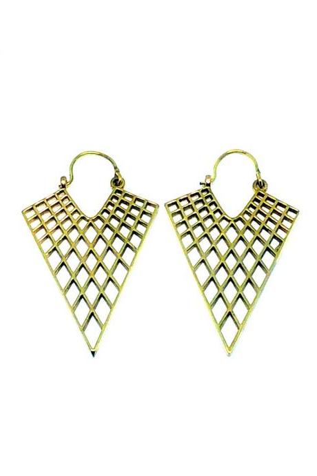 Honeycomb Triangle Earrings / Gold Dangle Earrings / Geometric Filigree Earrings / Boho Festival Jewelry / Hammered Handmade Brass Earrings